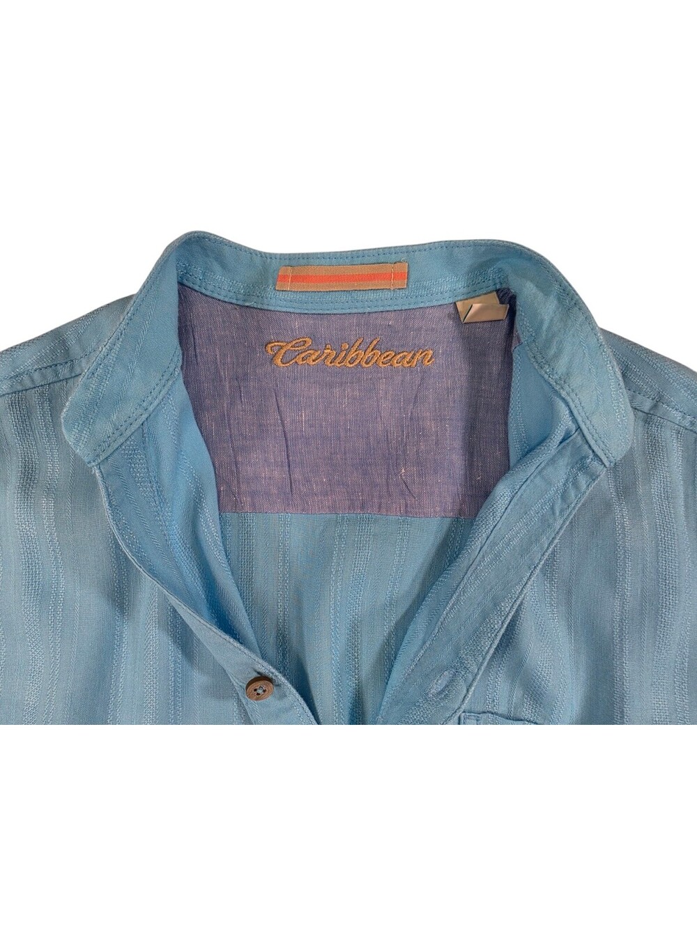 Caribbean Joe Resort Blue Linen Rayon Striped Mandarin Collar Shirt Men's Medium - Picture 7 of 13